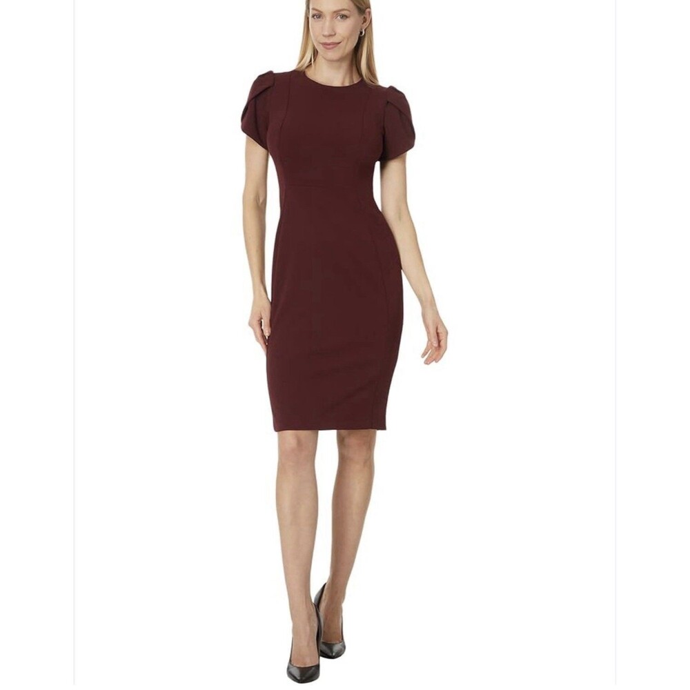 Calvin Klein Tulip Puff Sleeve Scuba Sheath Dress Aubergine Sz 8 Office Classic